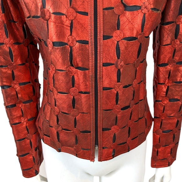 Vintage 80s Red Metallic Leather Cut Out Jacket Image Leather Womens XS Thriller - Picture 2 of 14